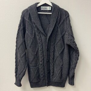 Aran Crafts Cardigan Mens Large Gray Merino Wool Cable Knit Ireland